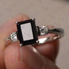5.20ct Emerald Cut Natural Black Onyx Gemstones Diamond Ring Real 14K White Gold