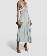 $545 Halston Women's Silver Metallic Knit Pleated Twisted Jody Dress Size 6