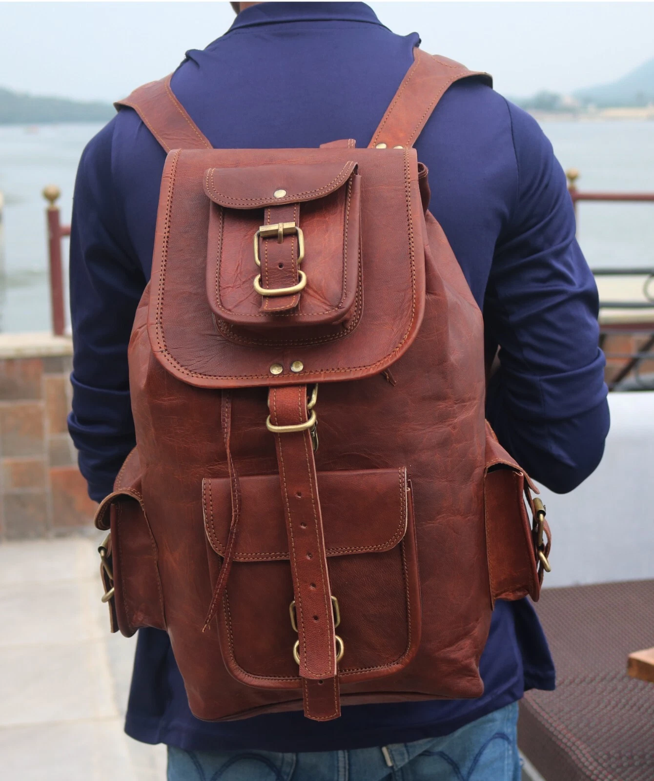 Vintage Leather Backpack Bag Genuine Satchel Laptop Rucksack Men's 16'' Brown