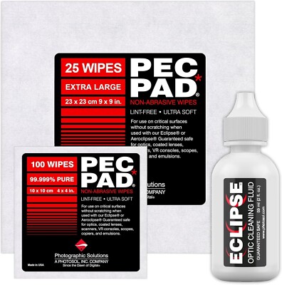 3PK- ECLIPSE 2oz OPTIC CLEANING FLUID w/ 4x4'' PEC PAD 100 PK & 9x9'' PEC PAD 25PK
