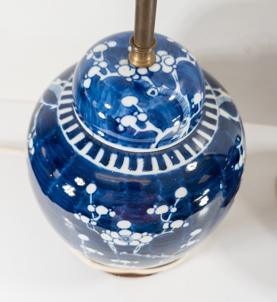 Antique Chinese 19th C. Pair of Blue and White Prunus Ginger Jar Table