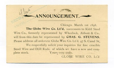Chicago IL, Globe Wire Co Lt'd, 47 S Canal Street, 1898 industrial postcard