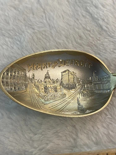 Antique Etched Heart of Detroit Sterling Spoon Gold Wash May 23, 1913  (S60)
