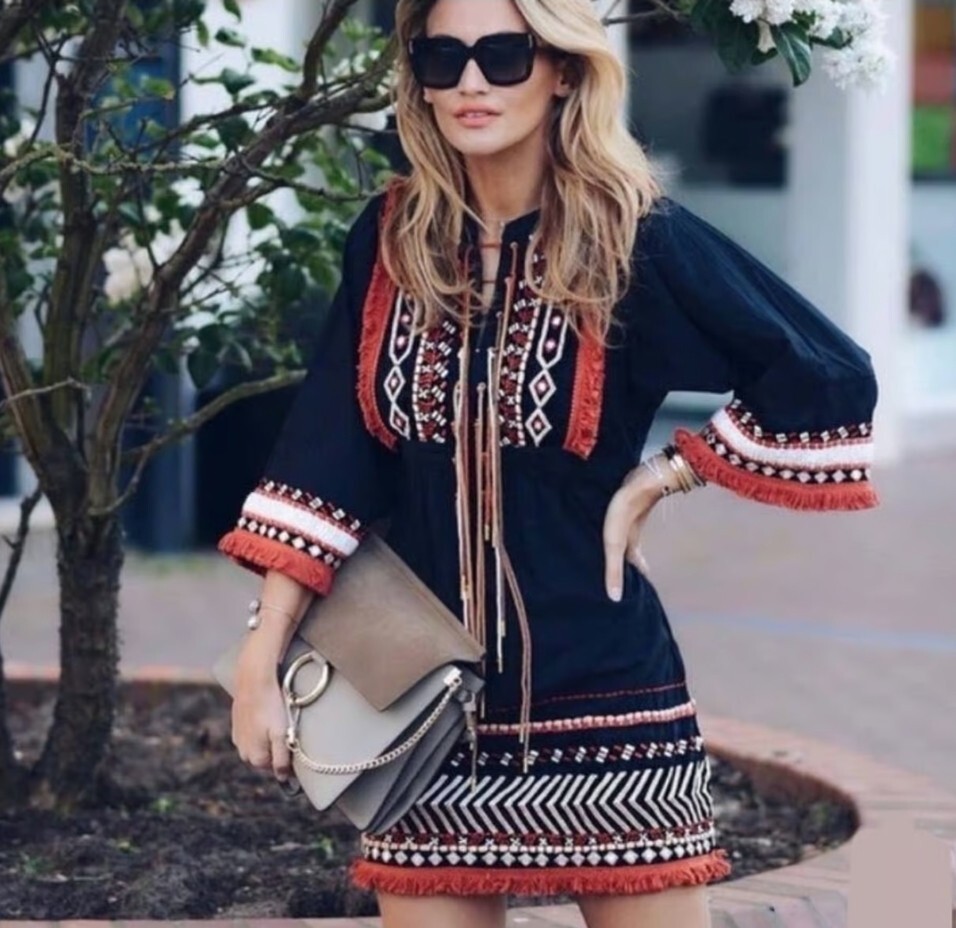 rachel zoe cotton dress Rachel Zoe Bianca Embroidered Boho Mini Dress Tassel Lace Up Tunic Sz 4
