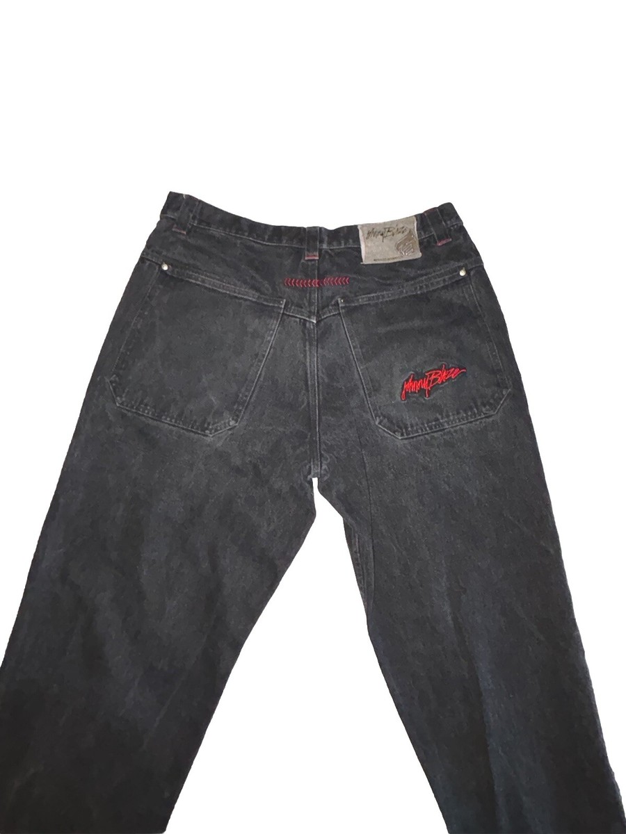 VTG Johnny Blaze Embroidered Black Denim Jeans Baggy Hip Hop Size 