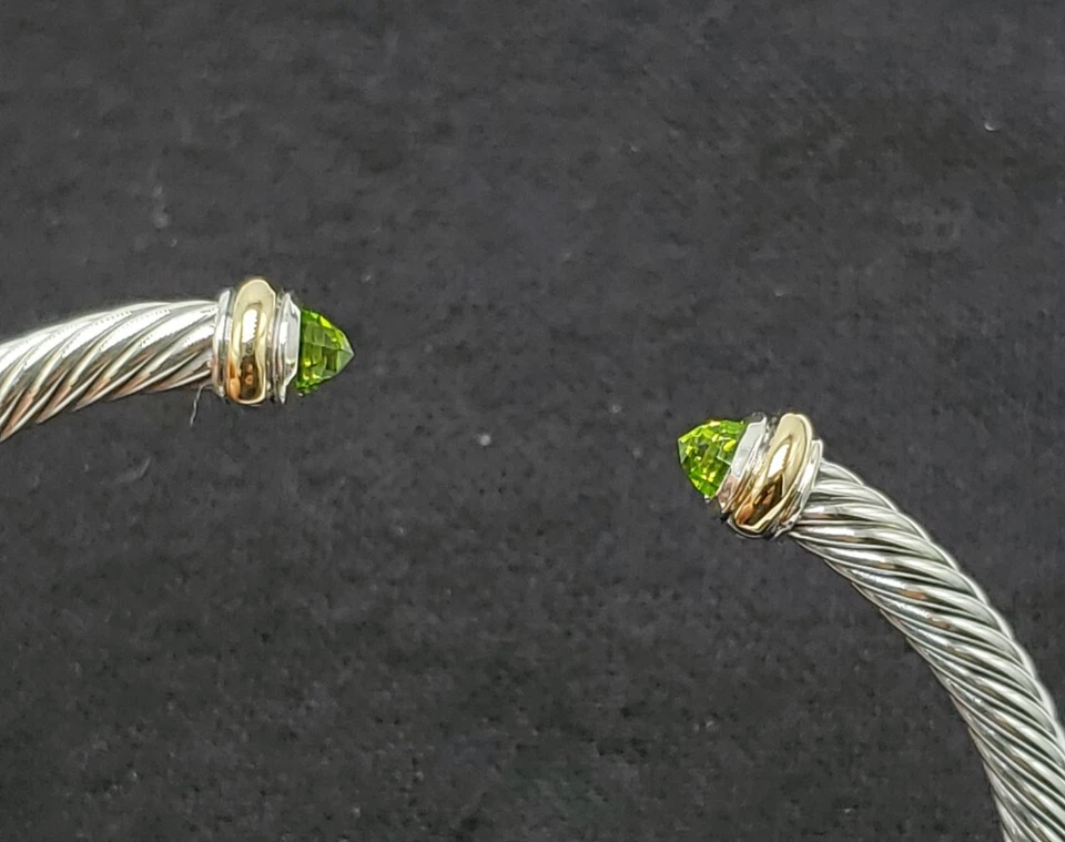 David Yurman Sterling Silver 4mm Cable Bracelet with Peridot & 18K Gold size L. - Image 4 of 4