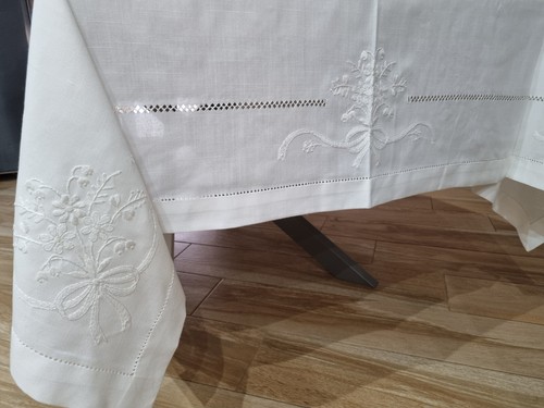 Tovaglia ricamata a mano in misto lino 12 posti gran misura 185x355 cm - Picture 7 of 12