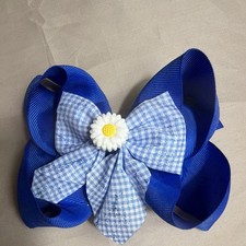 Girls Grosgrain Ribbon Fabric Hair Clip Bow, Blue White Gingham Daisy Flower