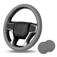 Leather Car Steering Wheel Cover With 2pc Car Coasters Universal 15 Non-slip
