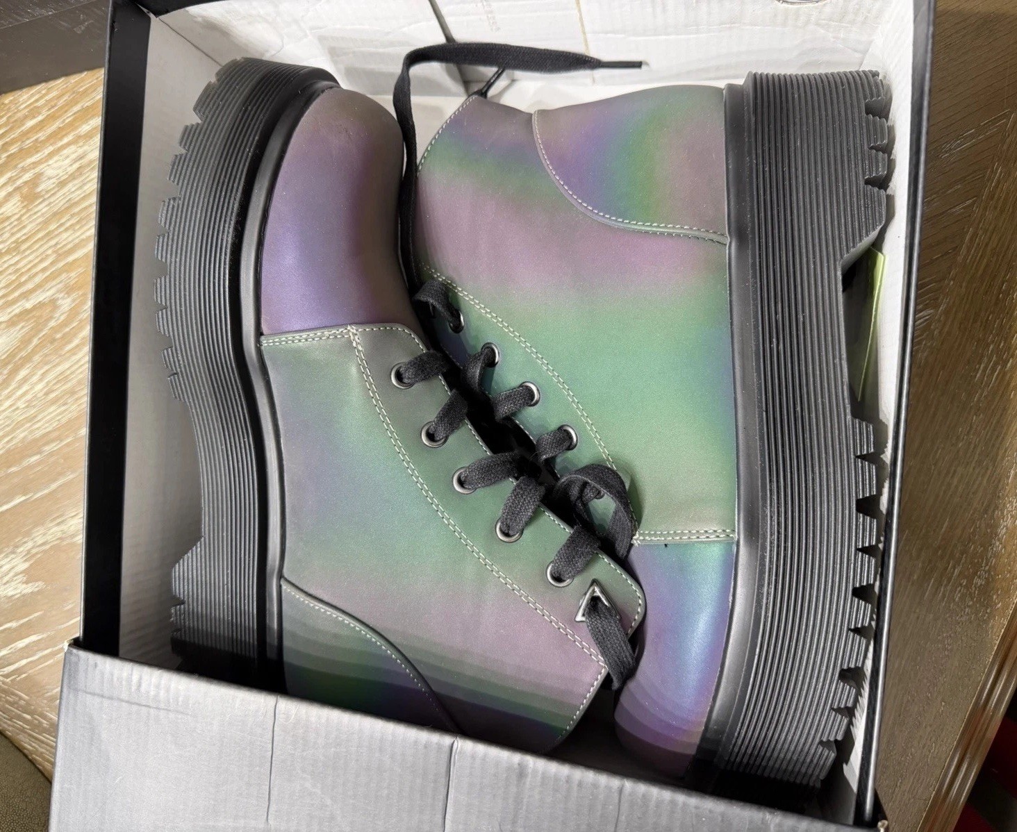 YRU Slayr Rainbow Reflective Platform Combat Boots Multicolor Holographic