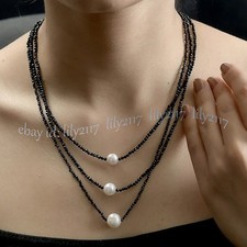 3 Rows 3mm Round Faceted Black Spinel Natural White Pearl Necklace 18-20 inches