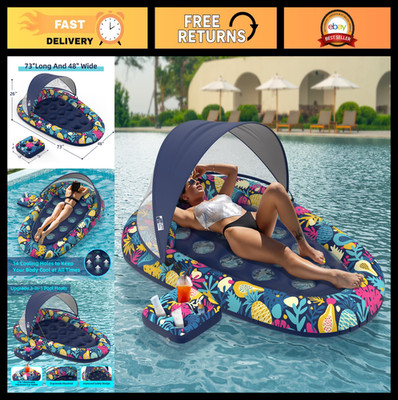 3-in-1 Inflatable Pool Float with Canopy & Cup Holder, 73'' Tanning Raft for Adul