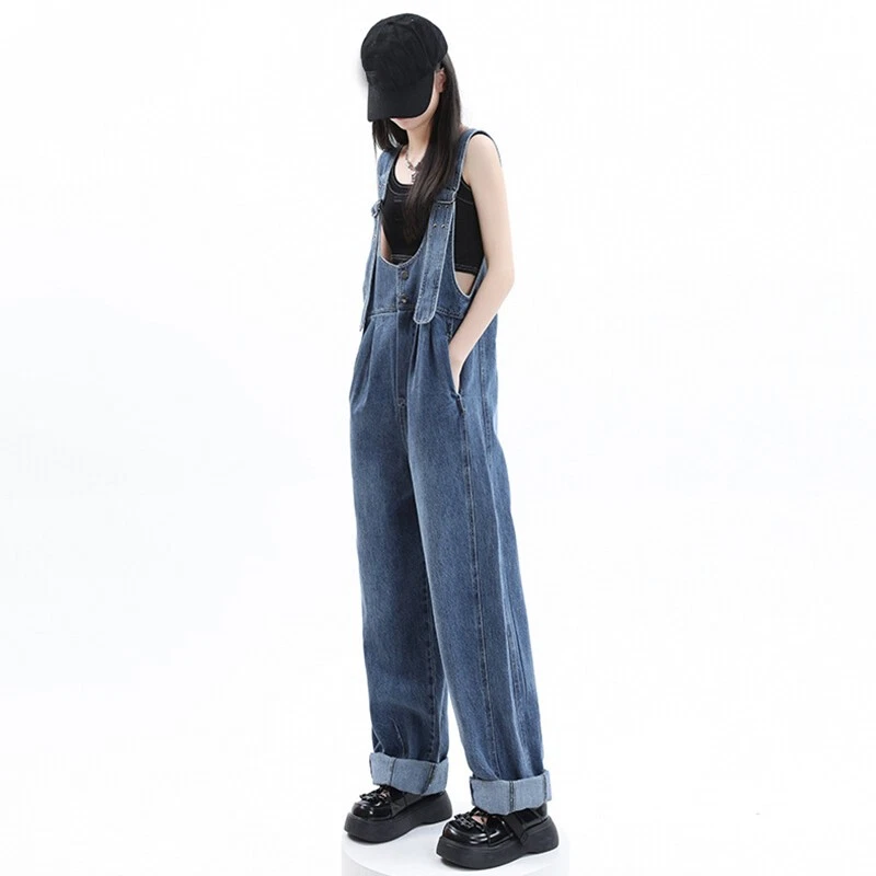 Fashion Womens Girls Denim Wide Leg Straight Pants Jumpsuits Jeans  Long New - Image 4 of 4