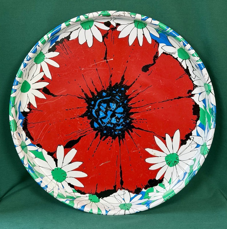 Vintage Red Poppy Daisy Tray Mod Floral Japan 14" Round Metal