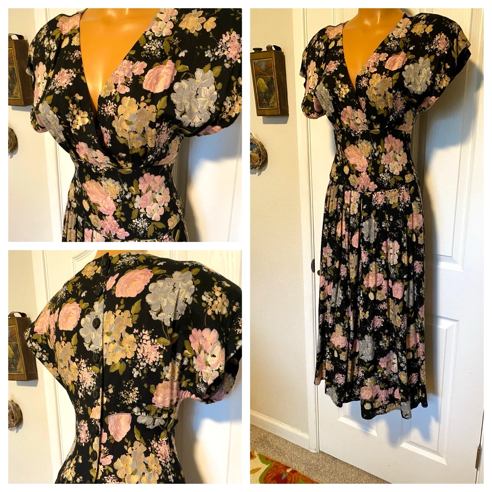 VESTIDO DE COLECCIÓN ALL THAT JAZZ NEGRO FLORAL CON HOMBRERAS RETRO ESTILO AÑOS 40 TALLA 7/8 Foto 2 de 4
