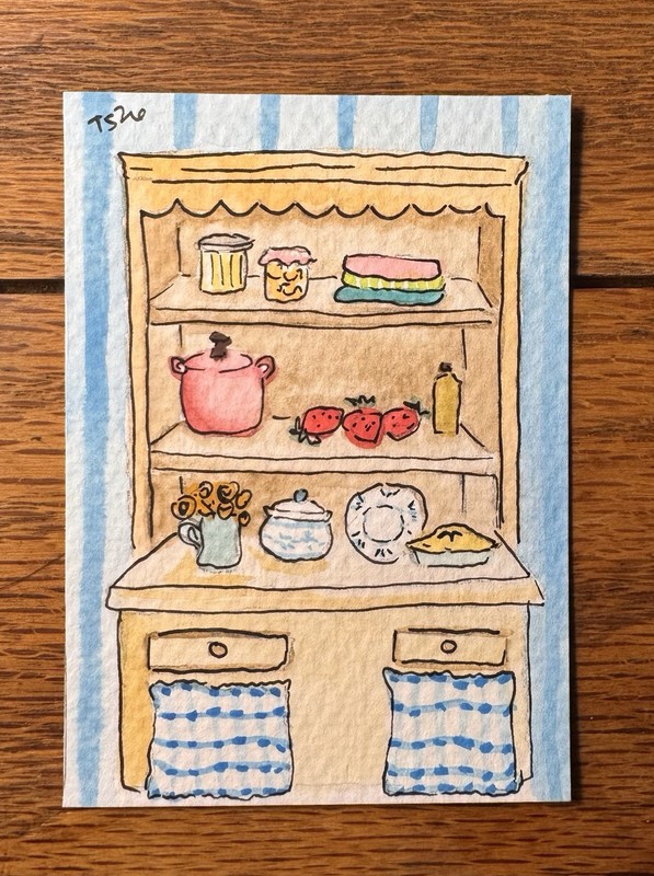ACEO Original, Kitchen Hutch, Watercolor Painting, 2.5x3.5