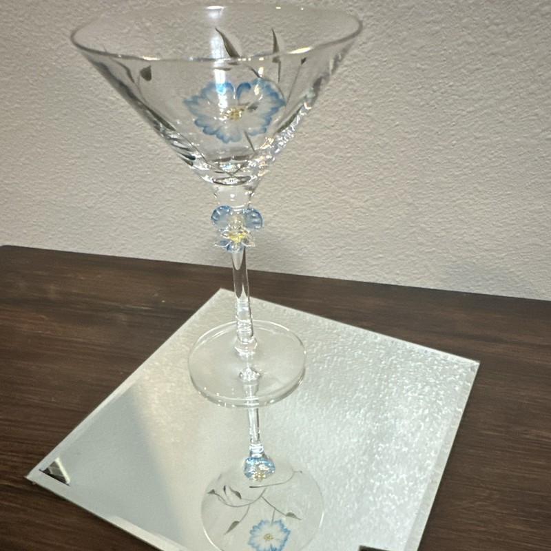 Hand Painted and Etched Glass Floral Martini Glass with Ornate Glass Flower