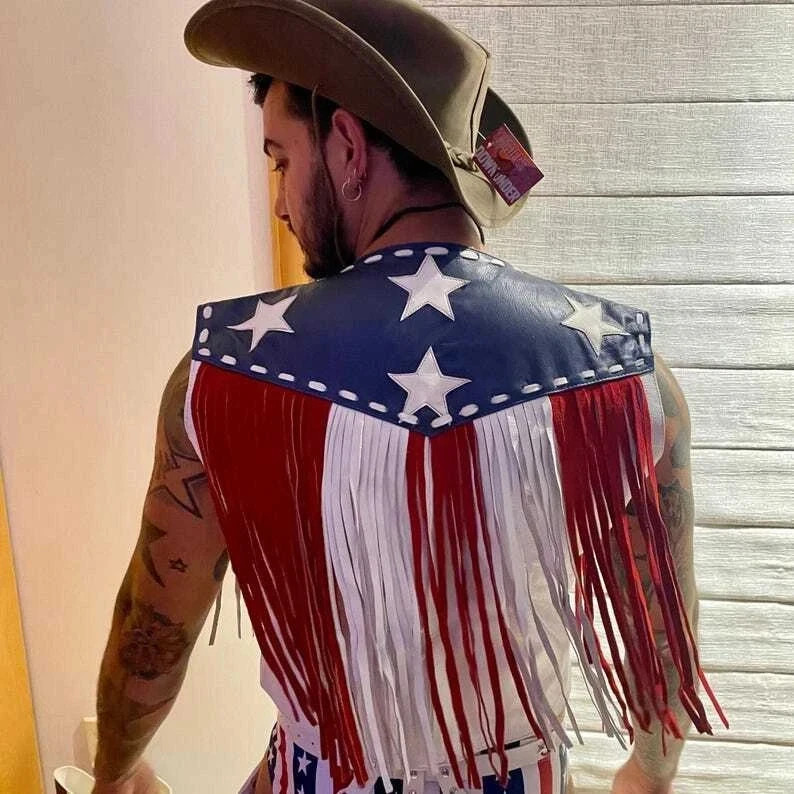 American Flag Fringes Leather Halloween Cosplay Costume Cowboy Vest For Men