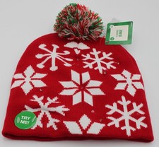 Flashing Beanie Womens Red Snowflake Light Up Knit Holiday Christmas Pom Pom Hat