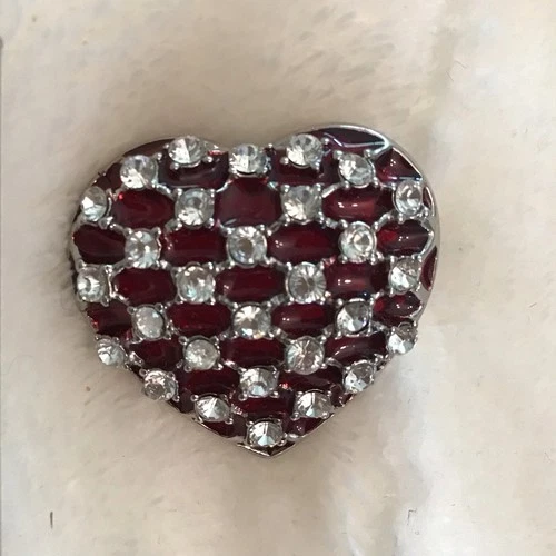 Red Plique A Jour Heart Brooch White Rhinestones Chunky Love Vintage Happiness