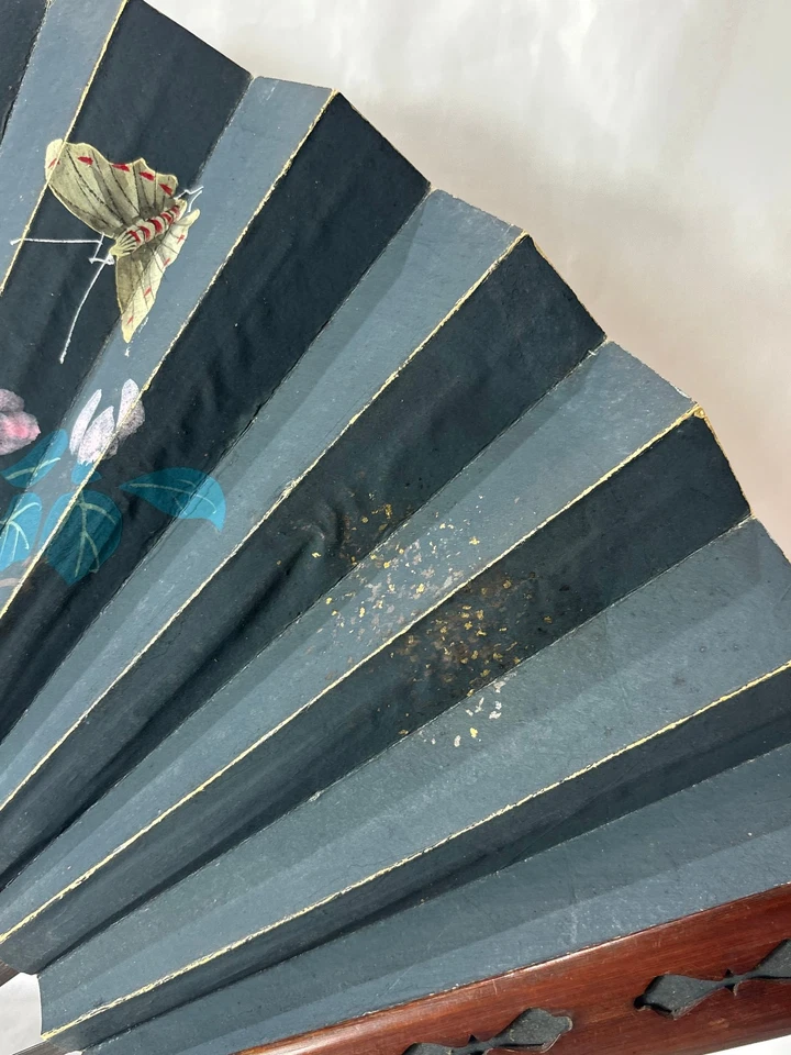 古董黑色纸折叠扇水果鸟花朵蝴蝶竹棒 — 第 3/4 张图片