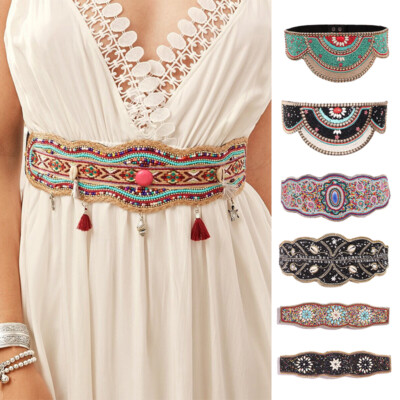 NEW Boho Beaded Elastic Belt Tong Gu Women Glass Beaded Elastic Belt Wide Waistband Boho  main image 4