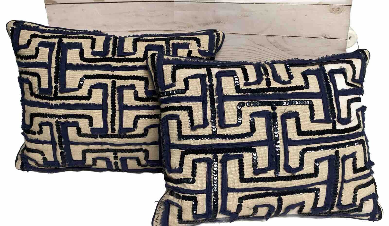 Kim Seybert Living Sequin Throw Pillow Cotton Navy Boho 15x12 Pair Of 2 eBay