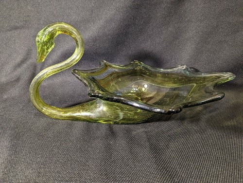 Vintage Large Mid Century Art Glass SWAN Vase Figurine Green Swirl Candy Dish - Bild 6 von 8