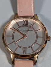 Olivia Burton London Silvertone Dial Round Gold Tone Case Pink Leather Bnd Watch