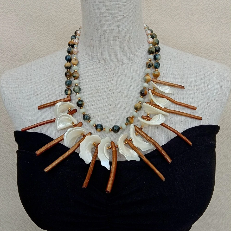 Colar roxo barroco pérola olho de tigre concha branca ouro coral 20" - Imagem 2 de 4