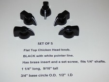 FLAT TOP CHICKEN HEAD KNOB, BLACK IN COLOR, SET SCREW BRASS INSERT, Set of 5