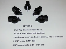 FLAT TOP CHICKEN HEAD KNOB, BLACK IN COLOR,  SET SCREW BRASS INSERT, Set of 5