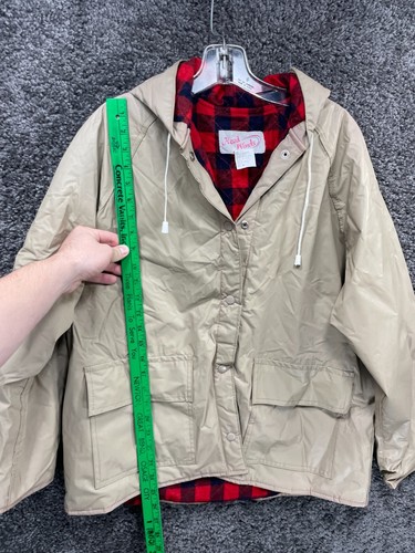 Vtg Head Winds Waterproof Jacket Womens M Tan Plaid Lined Hooded Snap Button - Picture 10 of 13