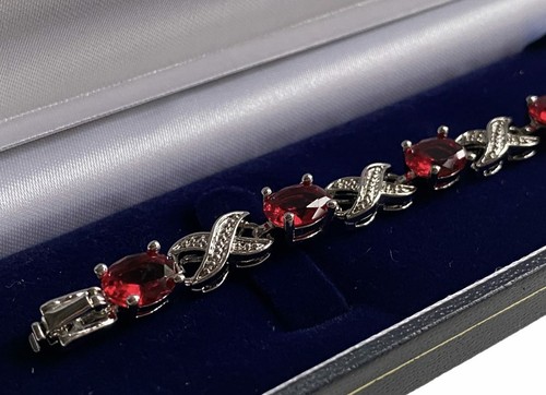 White Gold Finish Red Ruby and Created Diamond Bracelet-Love and Kisses Design - Picture 6 of 6