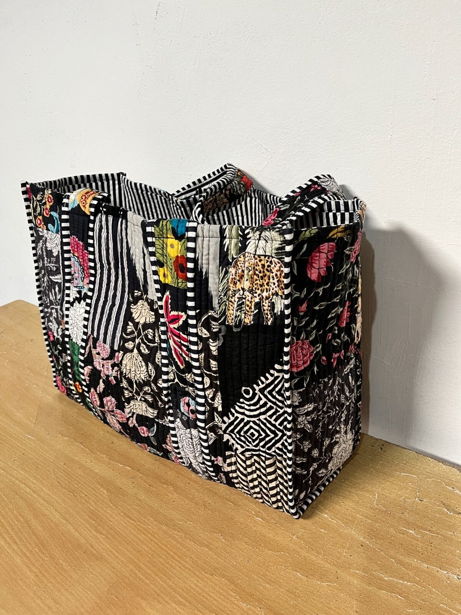 Sac Bandoulière Indien Fait Main - Coton Matelassé Floral Noir, Dimensions 46x41x28 Cm, Neuf