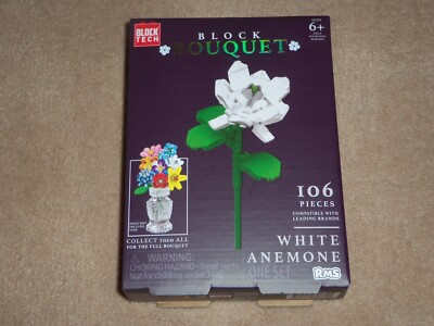 NEW, Block Bouquet WHITE ANEMONE Flower Building Block Set 106 Pieces