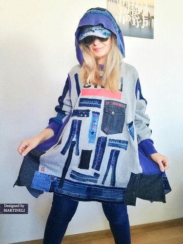 PLUS SIZE HOODED SWEATSHIRT DRESS 5X LOOSE LEVIS DENIM DRESS PATCHWORK JEANS TOP - Picture 10 of 14