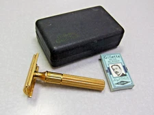 Vintage Gillette HEAVY GOLD TECH DE Safety Razor Set in Case 1940's