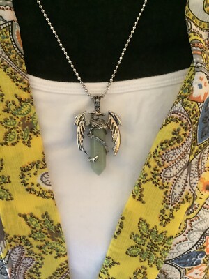 Flying Dragon Pendant With Natural Gemstone On A Silver Chain