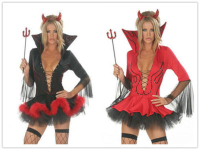 Ladies Halloween Red Black Devil Vampire Fancy Dress Costume + Horn + Fork  | eBay