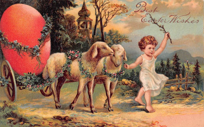 Vintage PFB Easter Postcard-Child Leads Lambs Huge Pink Egg on a Cart-No. 5837