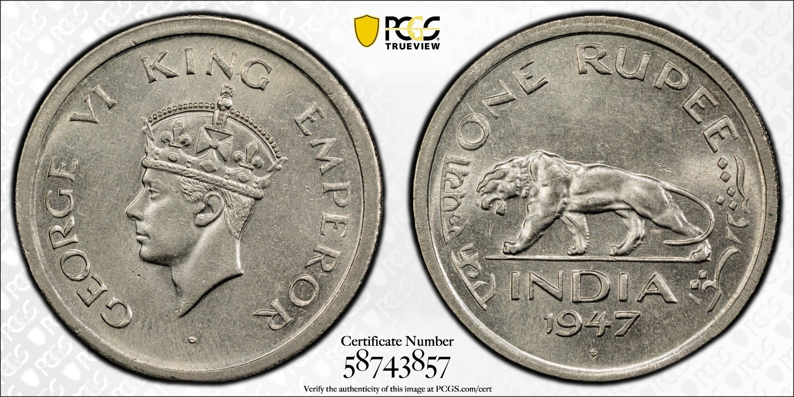 India 1947(B) Rupee SW-9.37 PCGS AU 58