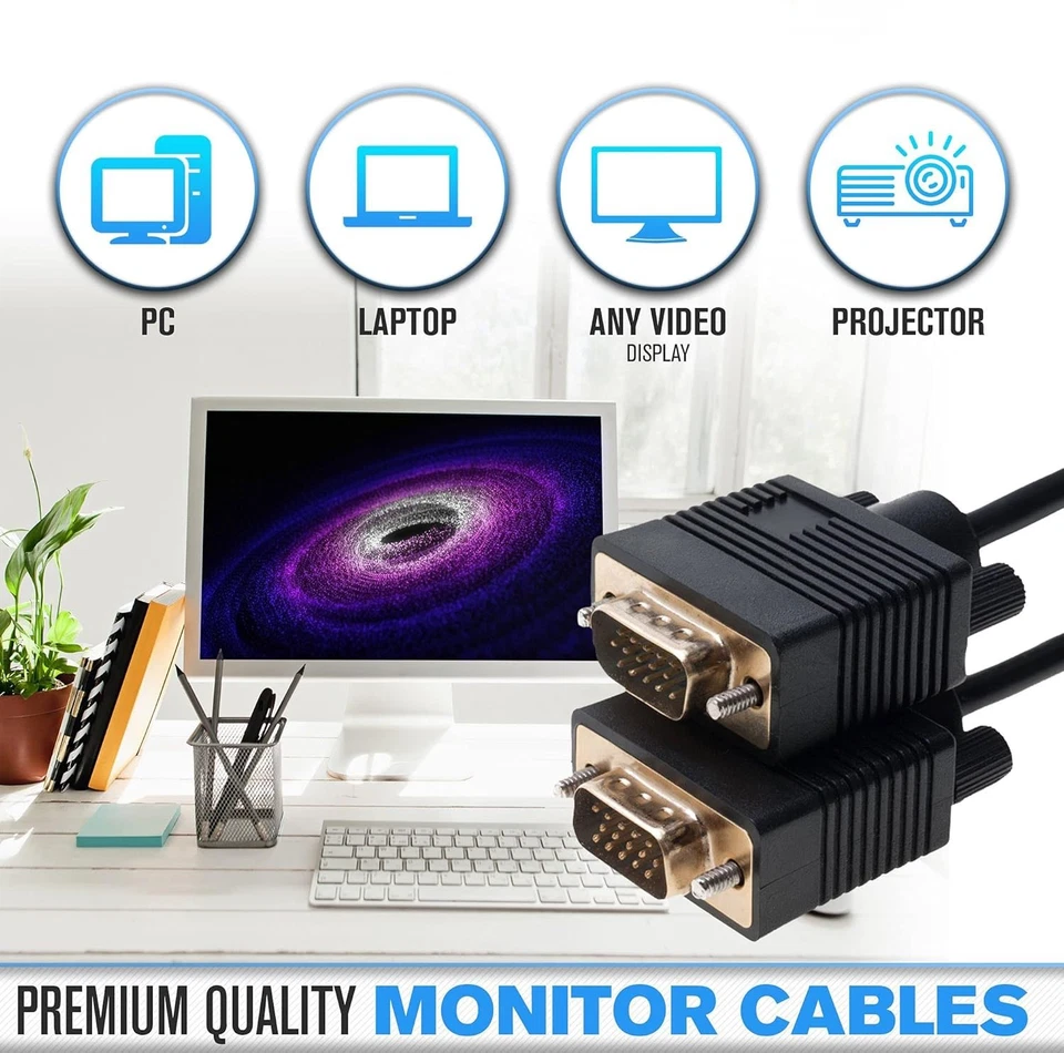 SVGA/VGA Cable 15-Pin Male/Male 1080p for PC TV Monitor Laptop Multi-Pack LOT - Image 3 of 4