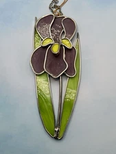 Stained Glass Iris Flower Suncatcher Hanging Art Purple & Green 9” Vintage Style