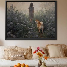 Shiba Inu Dog Artwork Floral Still Life Oil Painting Rustic Wall Decor Print