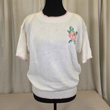 Vintage Worthington Medium Floral Knit Sweater White Short Sleeve Shoulder Pads