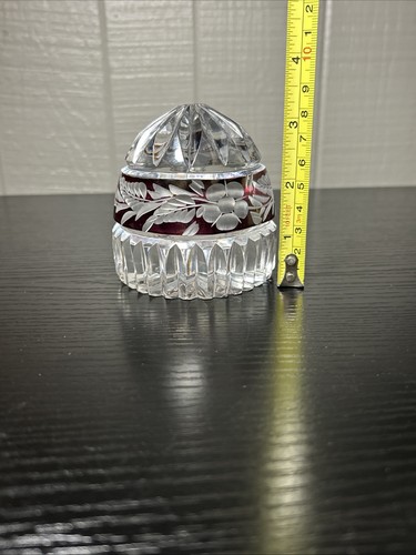 Cranberry Etched Floral Cut Crystal Dome Paperweight Bohemian Art Glass Figurine - Picture 9 of 10