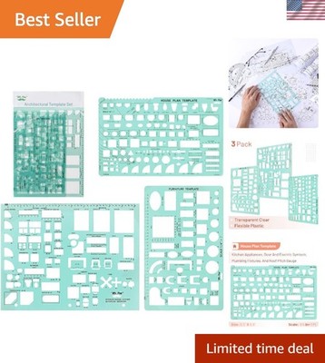 Durable Interior Design Template Set - 3 Clear Plastic Templates for Architects