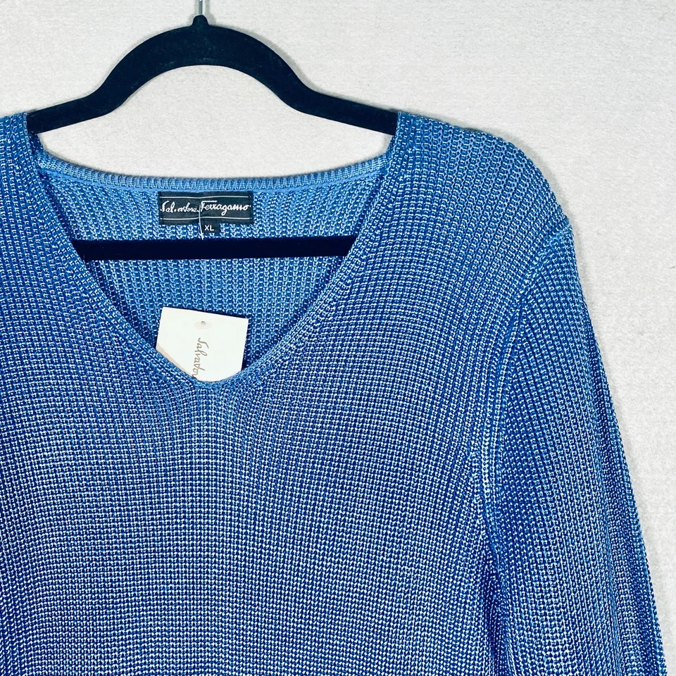 Suéter de seda Salvatore Ferragamo para mujer XL azul tejido a crochet pulóver túnica nuevo con etiquetas Foto 3 de 4