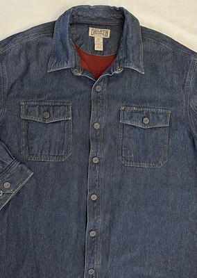 Duluth Trading Denim Shirt Jacket Men 2XL Blue Jean Red Fleece Lined Snap Heavy